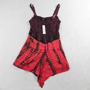 Step In Style Wine Red Tie Dye Romper Lace Up Sequin Boho One Size New NWT